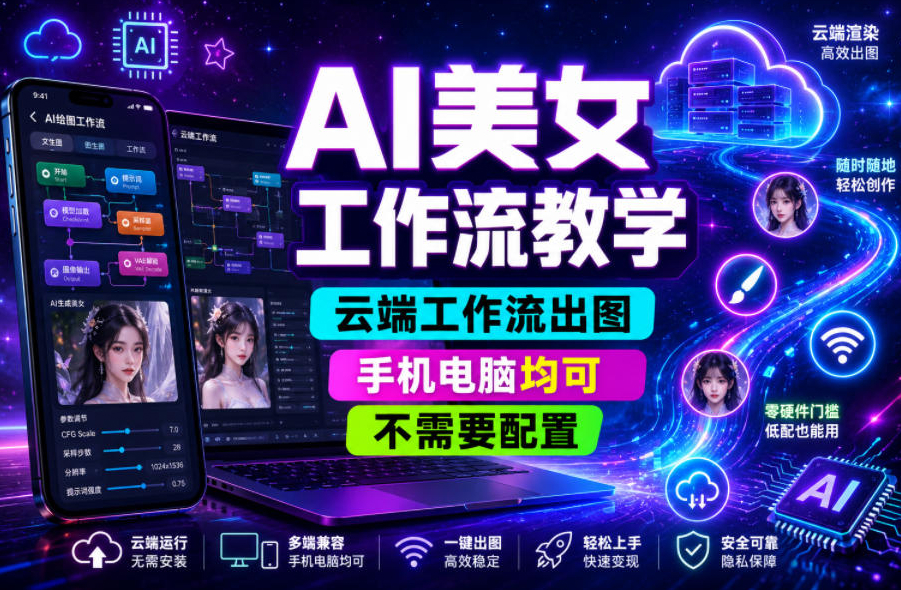 AI美女工作流教学，云端工作流出图，手机电脑均可，不需要配置，快速起号涨粉