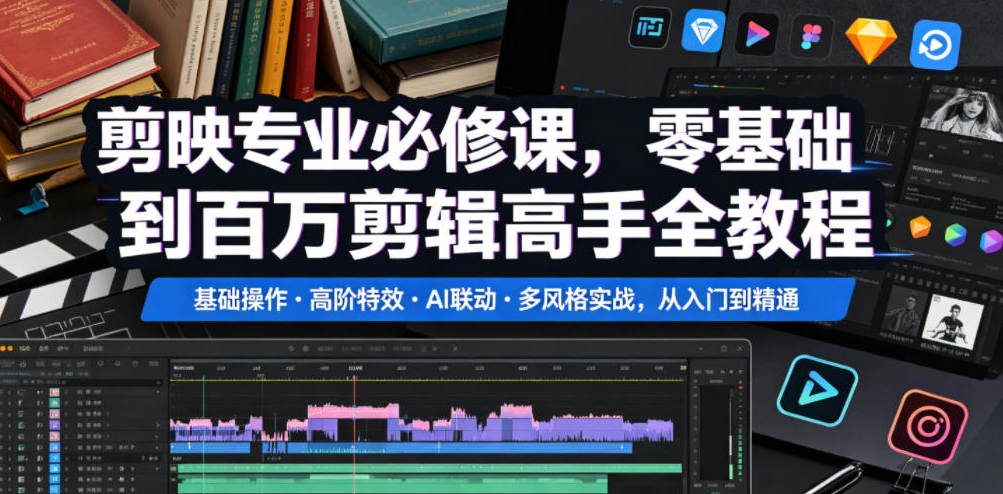剪映专业必修课，零基础到百万剪辑高手全教程，基础操作高阶特效AI联动多风格实战，从入门到精通