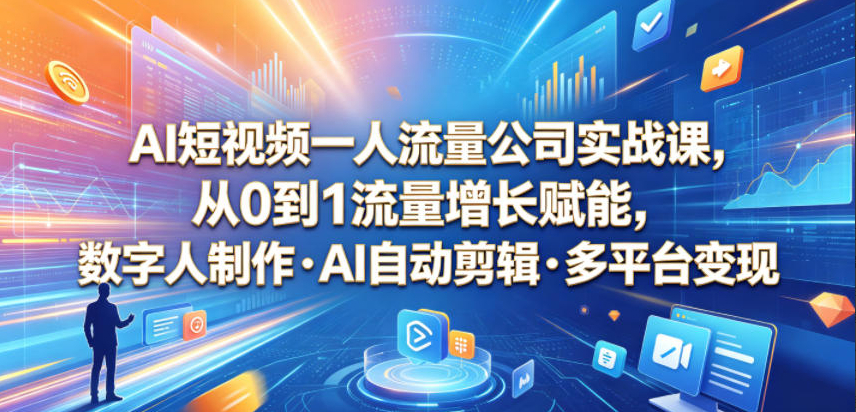 AI短视频一人流量公司实战课，从0到1流量增长赋能，数字人制作?AI自动剪辑?多平台变现，一人做流量生意全落地教程