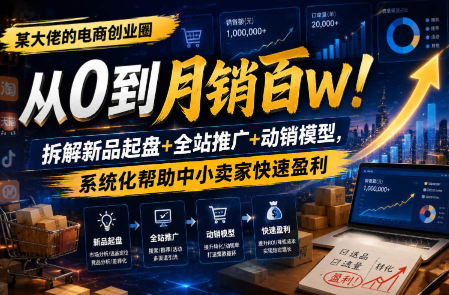 某大佬的电商创业圈从0到月销百W！拆解新品起盘+全站推广+动销模型，系统化帮助中小卖家快速盈利