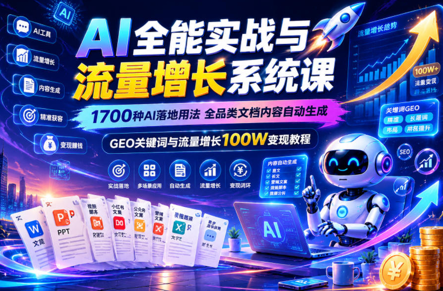 AI全能实战与流量增长系统课，1700种AI落地用法，全品类文档内容自动生成，GEO关键词与流量增长100W变现教程