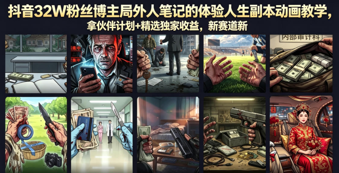 抖音32W粉丝博主局外人笔记的体验人生副本动画教学，拿伙伴计划+精选独家收益，新赛道新涨粉快【录制版】