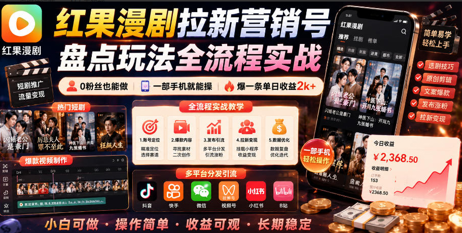 红果漫剧拉新营销号盘点玩法全流程实战，0粉丝也能做，一部手机就能做，爆一条单日收益2k+