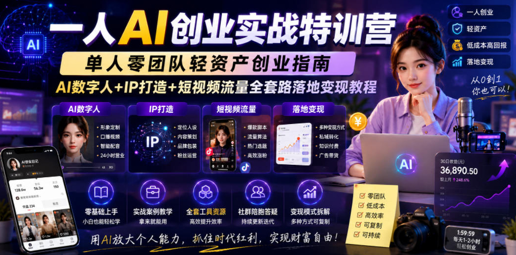一人AI创业实战特训营，单人零团队轻资产创业指南，AI数字人+IP打造+短视频流量全套路落地变现教程