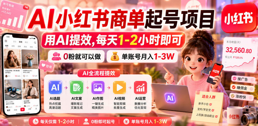 AI小红书商单起号项目，用AI提效,每天1-2小时即可，0粉就可以做，单账号月入1-3W