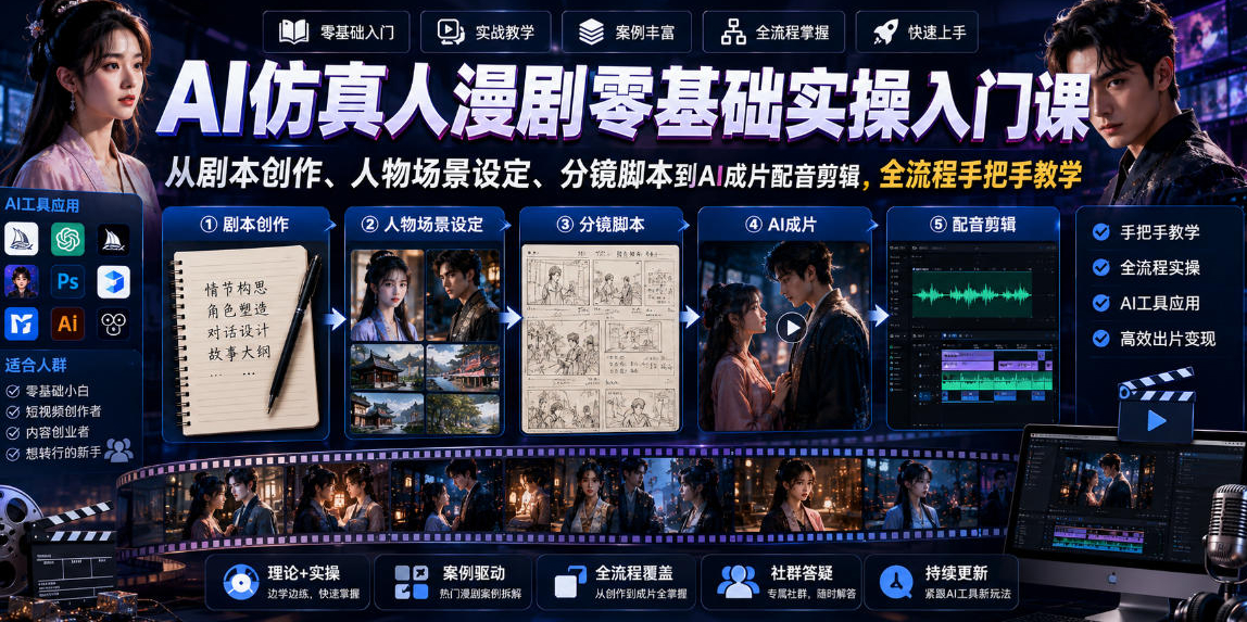 AI仿真人漫剧零基础实操入门课，从剧本创作、人物场景设定、分镜脚本到AI成片配音剪辑，全流程手把手教学