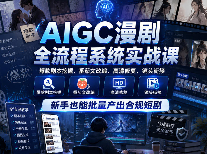 AIGC漫剧全流程系统实战课，爆款剧本挖掘、番茄文改编、高清修复、镜头衔接，新手也能批量产出合规短剧