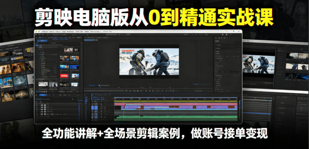 剪映电脑版从0到精通实战课，全功能讲解+全场景剪辑案例，做账号接单变现