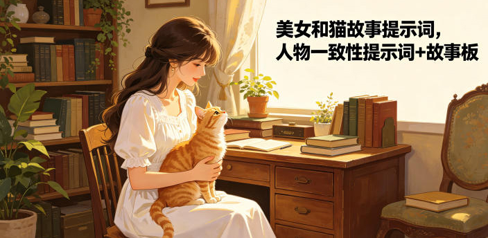 美女和猫故事提示词，人物一致性提示词+故事板