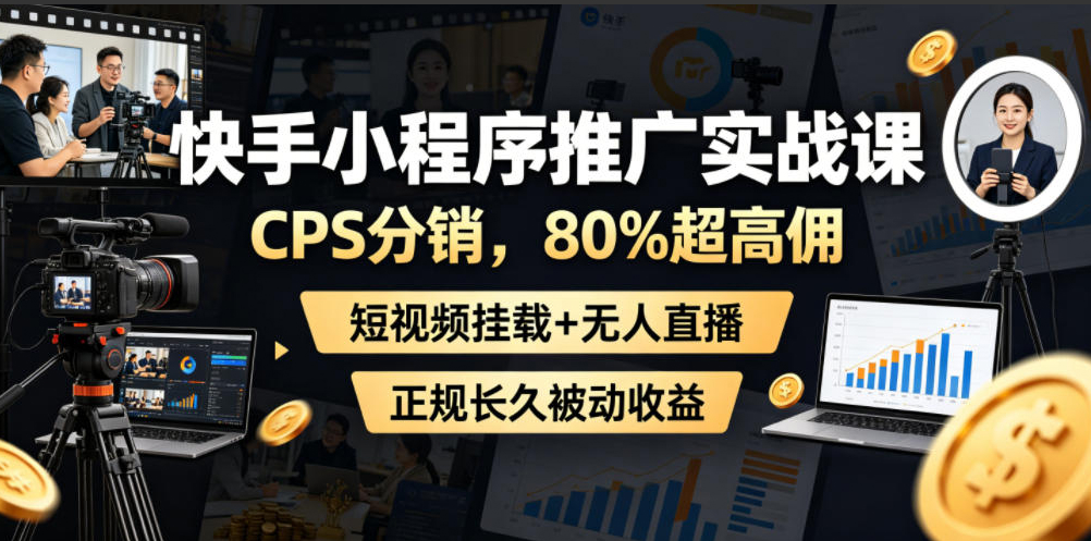 快手小程序推广实战课，CPS分销，80%超高佣，短视频挂载+无人直播，正规长久被动收益