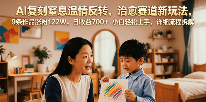 AI复刻窒息温情反转，治愈赛道新玩法，9条作品涨粉122W，日收益700+ 小白轻松上手，详细流程拆解