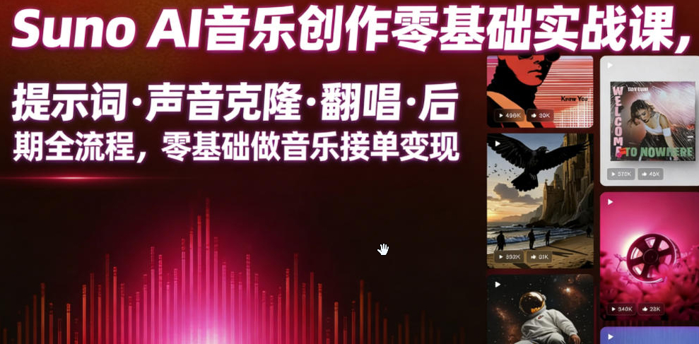 Suno AI音乐创作实战课，提示词·声音克隆·翻唱·后期全流程，零基础做音乐接单变现