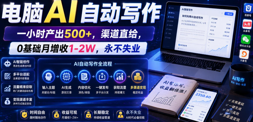 电脑AI自动写作，一小时产出500+，渠道直给，0基础月增收1-2W，永不失业