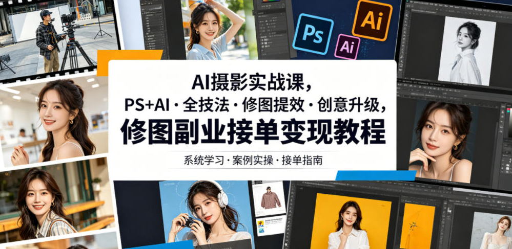 AI摄影实战课，PS+AI全技法修图提效创意升级，修图副业接单变现教程