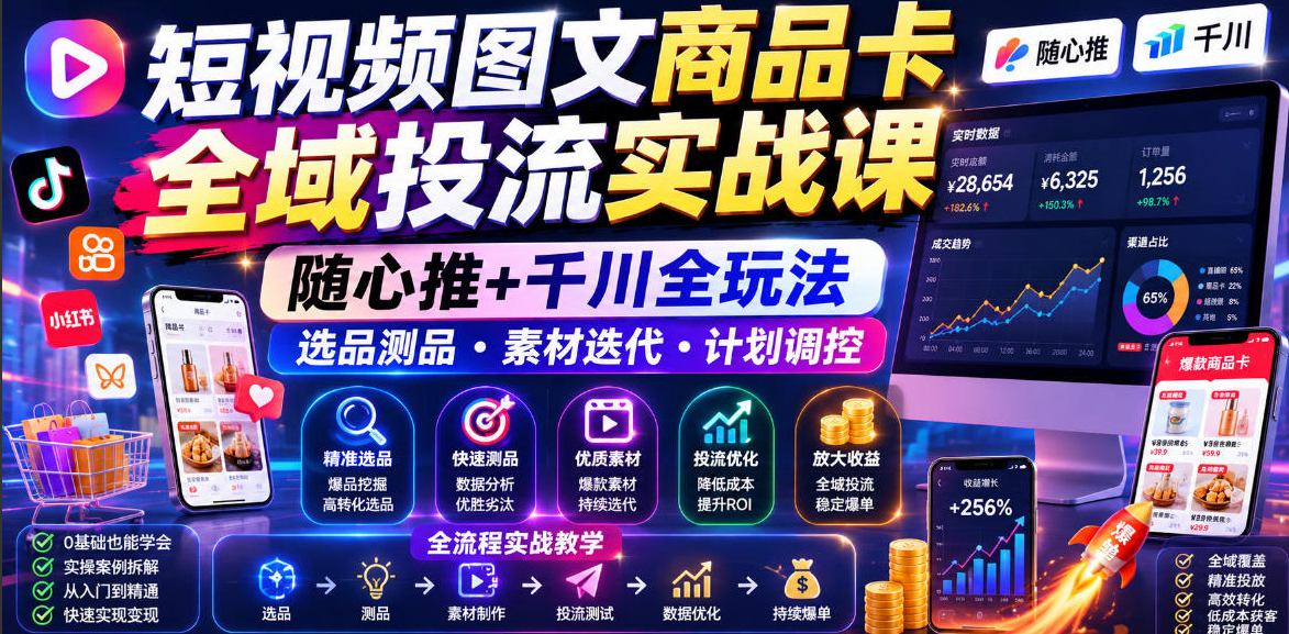 短视频图文商品卡全域投流实战课，随心推+千川全玩法，选品测品,素材迭代,计划调控，提升ROI爆单增收教程