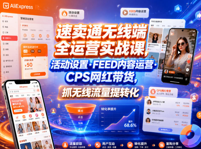 速卖通无线端全运营实战课，活动设置,FEED内容运营,CPS网红带货，抓无线流量提转化