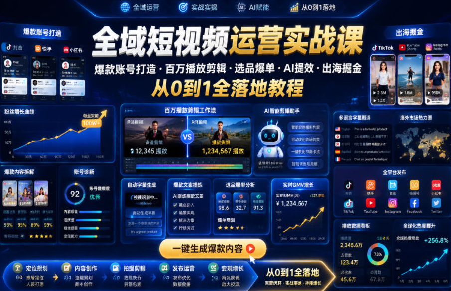 全域短视频运营实战课，爆款账号打造、百万播放剪辑、选品爆单、AI提效、出海掘金，从0到1全落地教程