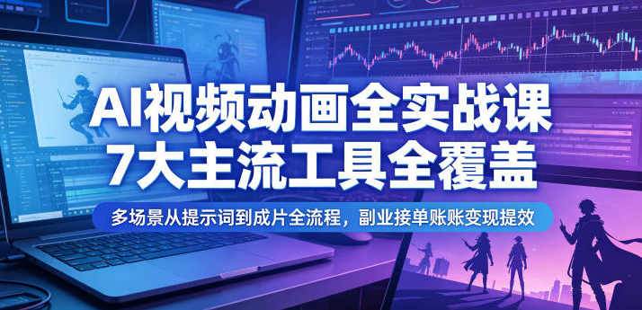 AI视频动画全实战课，7大主流工具全覆盖，多场景从提示词到成片全流程，副业接单账号变现提效