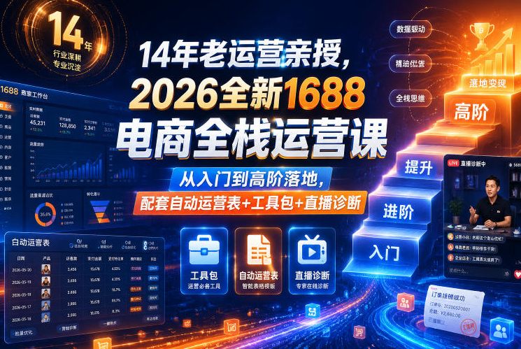 14年老运营亲授，2026全新1688电商全栈运营课，从入门到高阶落地，配套自动运营表+工具包+直播诊断等