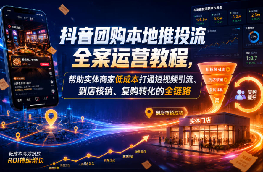抖音团购本地推投流全案运营教程，帮助实体商家低成本打通短视频引流、到店核销、复购转化的全链路