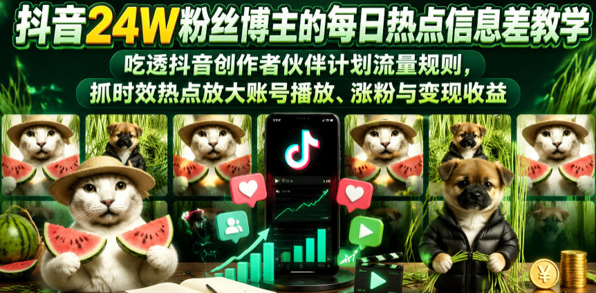 抖音24W粉丝博主的每日热点信息差教学，吃透创作者伙伴计划流量规则，抓时效热点放大账号播放、涨粉与变现收益（更新）