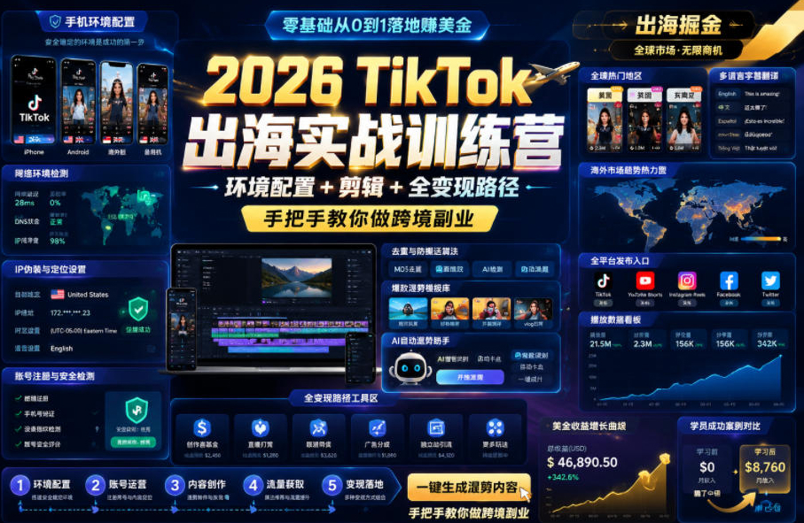 2026 TikTok出海实战训练营，环境配置 + 剪辑 + 全变现路径，手把手教你做跨境副业