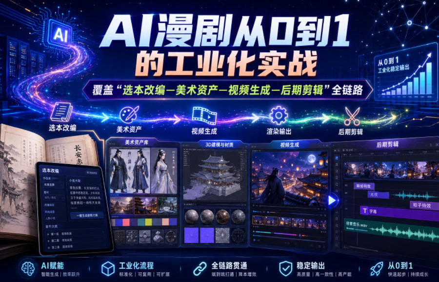 AI漫剧从0到1的工业化实战，覆盖“选本改编—美术资产—视频生成—后期剪辑”全链路