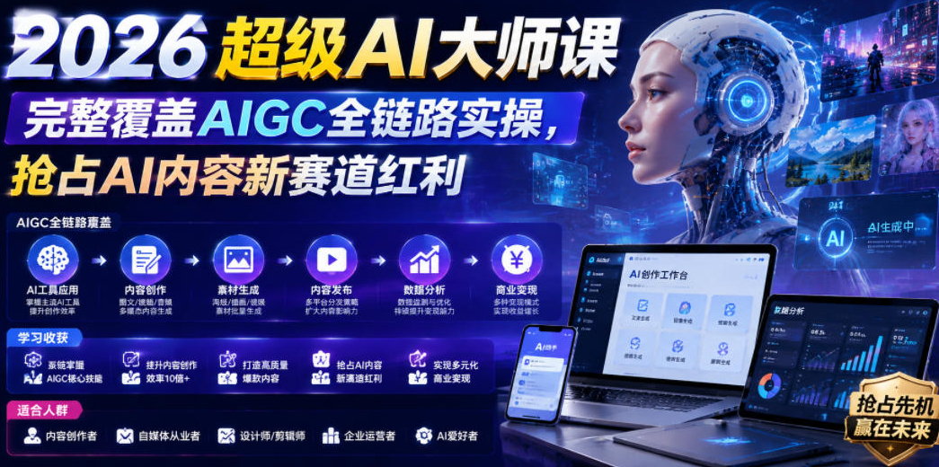 2026超级AI大师课，完整覆盖AIGC全链路实操，抢占AI内容新赛道红利