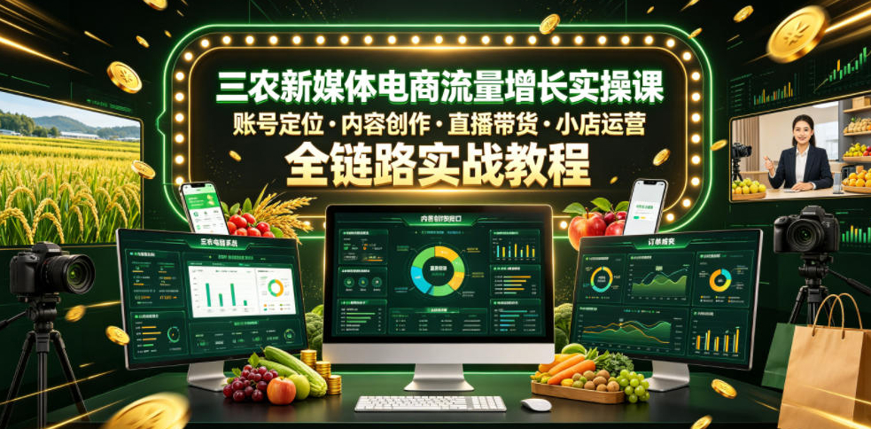 三农新媒体电商流量增长实操课，账号定位?内容创作?直播带货?小店运营，全链路实战教程