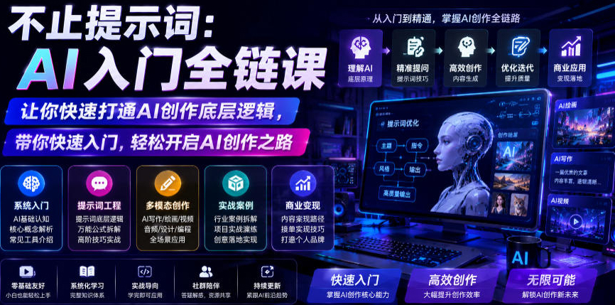 不止提示词：AI入门全链课，让你快速打通AI创作底层逻辑，带你快速入门，轻松开启AI创作之路