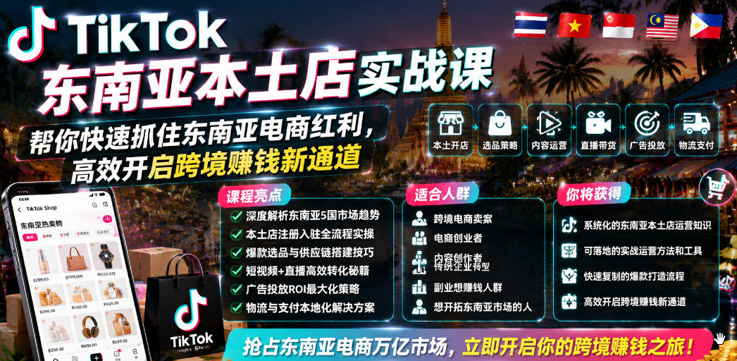 TikTok东南亚本土店实战课，帮你快速抓住东南亚电商红利，高效开启跨境賺钱新通道