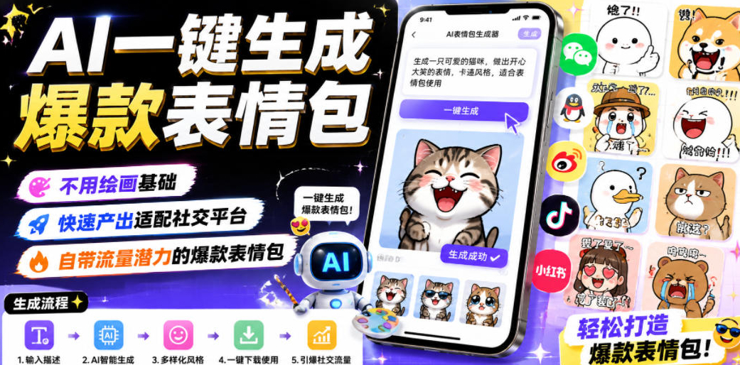 AI一键生成爆款表情包，不用绘画基础，快速产出适配社交平台，自带流量潜力的爆款表情包