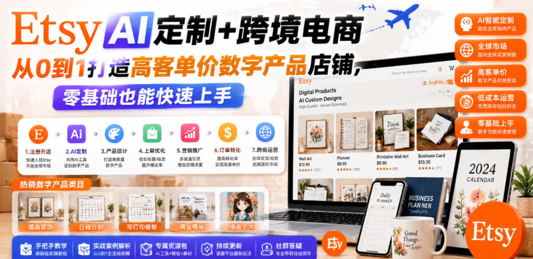 Etsy AI定制+跨境电商，从0到1打造高客单价数字产品店铺，零基础也能快速上手