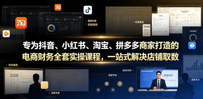 专为抖音、小红书、淘宝、拼多多商家打造的电商财务全套实操课程，一站式解决店铺取数、记账、报税全流程难题