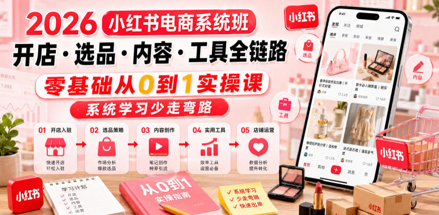 2026小红书电商系统班开店·选品·内容·工具全链路，零基础从0到1实操课，系统学习少走弯路