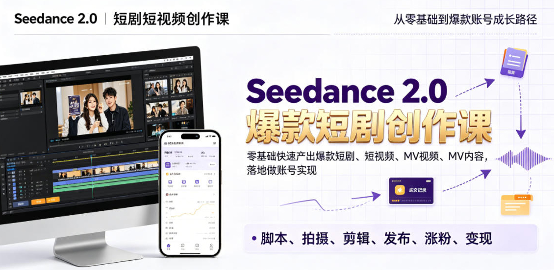 Seedance 2.0短剧短视频创作课，零基础快速产出爆款短剧、短视频、MV内容，落地做账号实现变现
