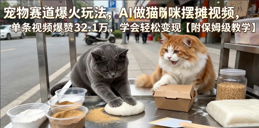 宠物赛道爆火玩法，AI做猫咪摆摊视频，单条视频爆赞32.1万，学会轻松变现【附保姆级教学】