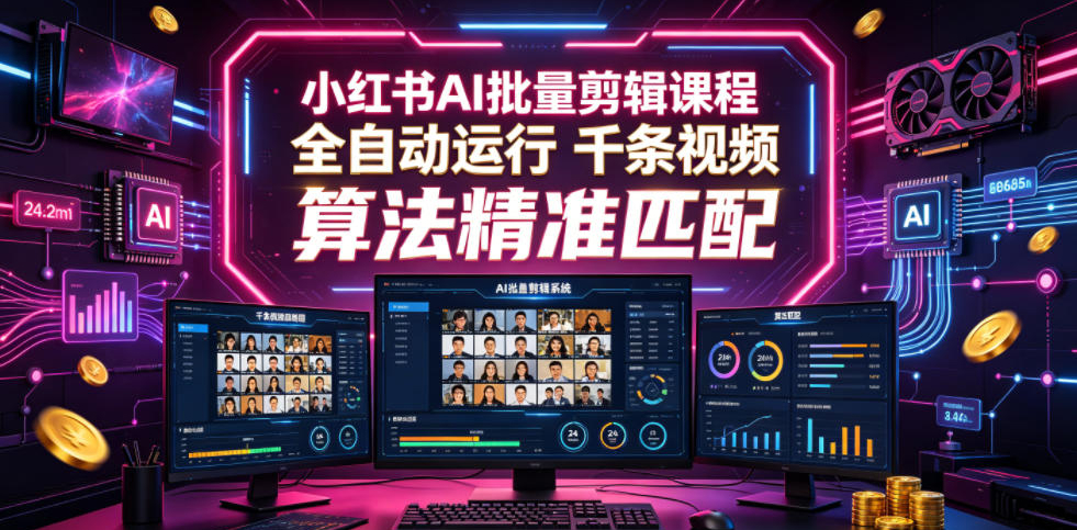 小红书AI批量剪辑课程，24小时全自动运行，解放双手专注运营，千条视频批量处理，小红书算法精准匹配