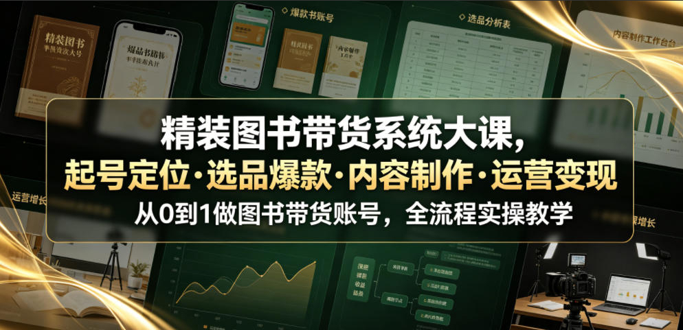 精装图书带货系统大课，起号定位·选品爆款·内容制作·运营变现，从0到1做图书带货账号，全流程实操教学