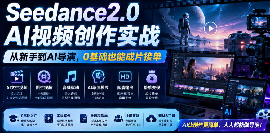 Seedance2.0 AI视频创作实战，从新手到AI导演，0基础也能成片接单变现