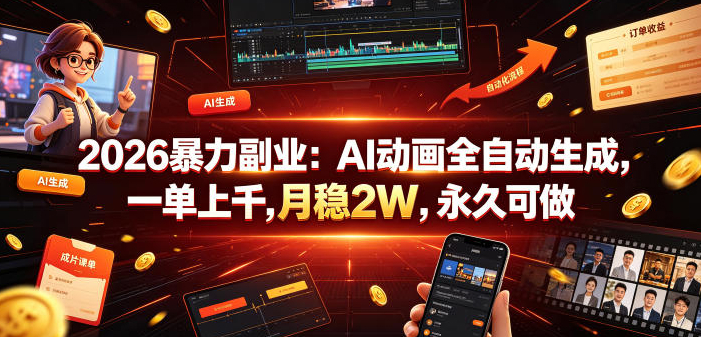 2026暴力副业：AI动画全自动生成，一单上千，月稳2W，永久可做