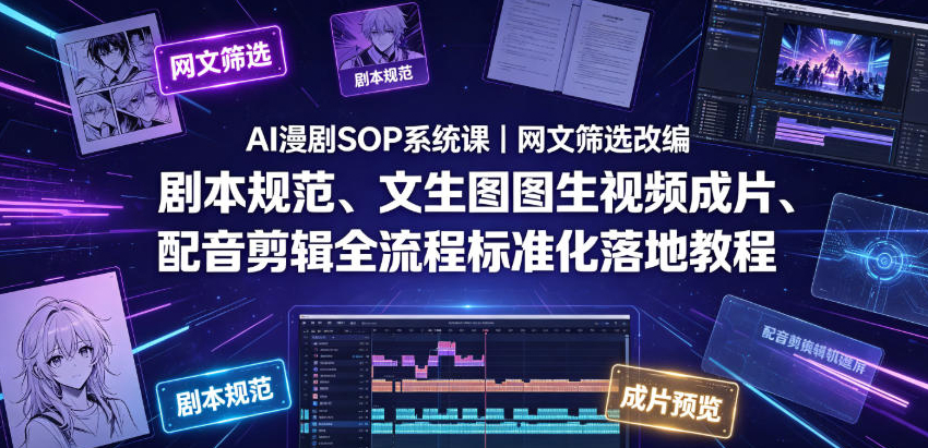AI漫剧SOP系统课｜网文筛选改编、剧本规范、文生图图生视频成片、配音剪辑全流程标准化落地教程