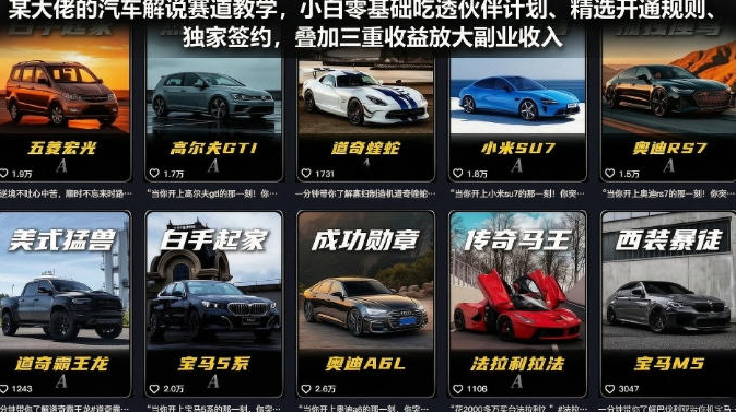 某大佬的汽车解说赛道教学，小白零基础吃透伙伴计划、精选开通规则、独家签约，叠加三重收益放大副业收入