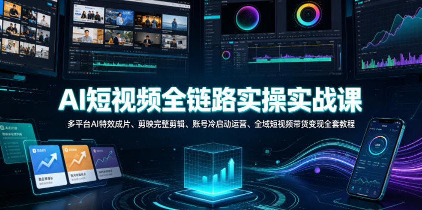AI短视频全链路实操实战课｜多平台AI特效成片、剪映完整剪辑、账号冷启动运营、全域短视频带货变现全套教程