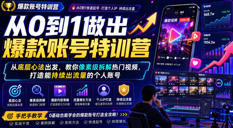 从0到1做出爆款账号特训营，从底层心法出发，教你像素级拆解热门视频，打造能持续出流量的个人账号
