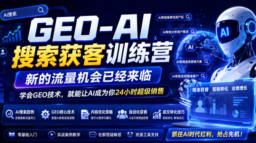 GEO-AI搜索获客训练营，新的流量机会已经来临，学会GEO技术，就能让AI成为你24小时超级销售