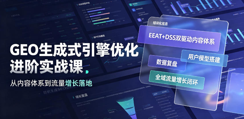GEO生成式引擎优化进阶实战课｜EEAT+DSS双驱动内容体系、用户模型搭建、数据复盘、全域流量增长闭环落地教程