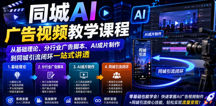 同城AI广告视频教学课程，从基础理论、分行业广告脚本、AI成片制作到同城引流闭环一站式讲透