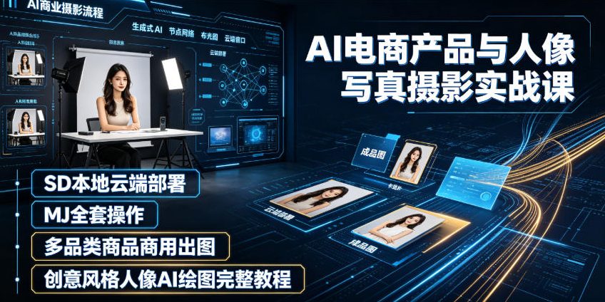 AI电商产品与人像写真摄影实战课｜SD本地云端部署、MJ全套操作、多品类商品商用出图、创意风格人像AI绘图完整教程