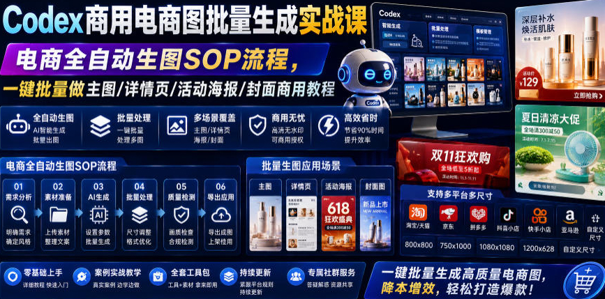Codex商用电商图批量生成实战课｜电商全自动生图SOP流程，一键批量做主图/详情页/活动海报/封面商用教程